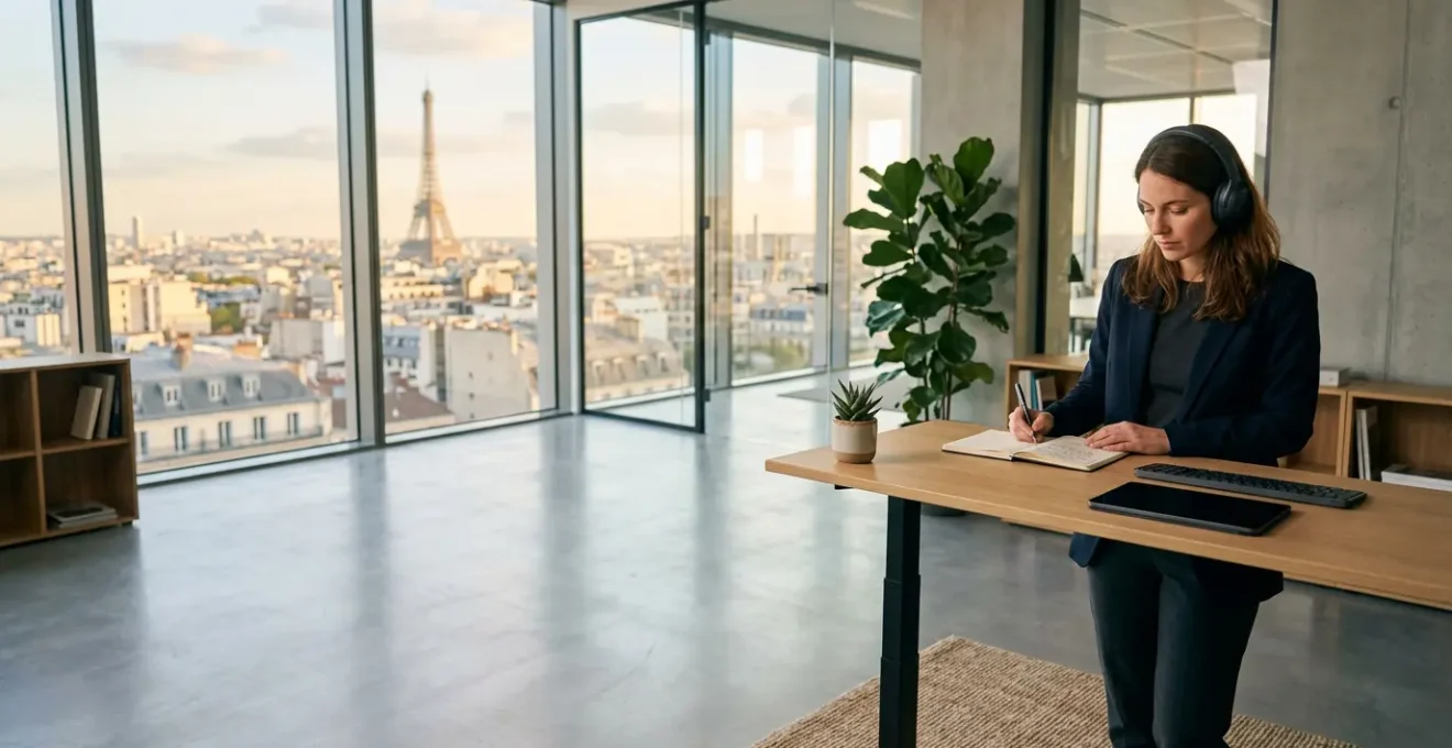 Cadre français utilisant des outils d'apprentissage numérique dans un bureau moderne