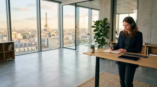 Cadre français utilisant des outils d'apprentissage numérique dans un bureau moderne