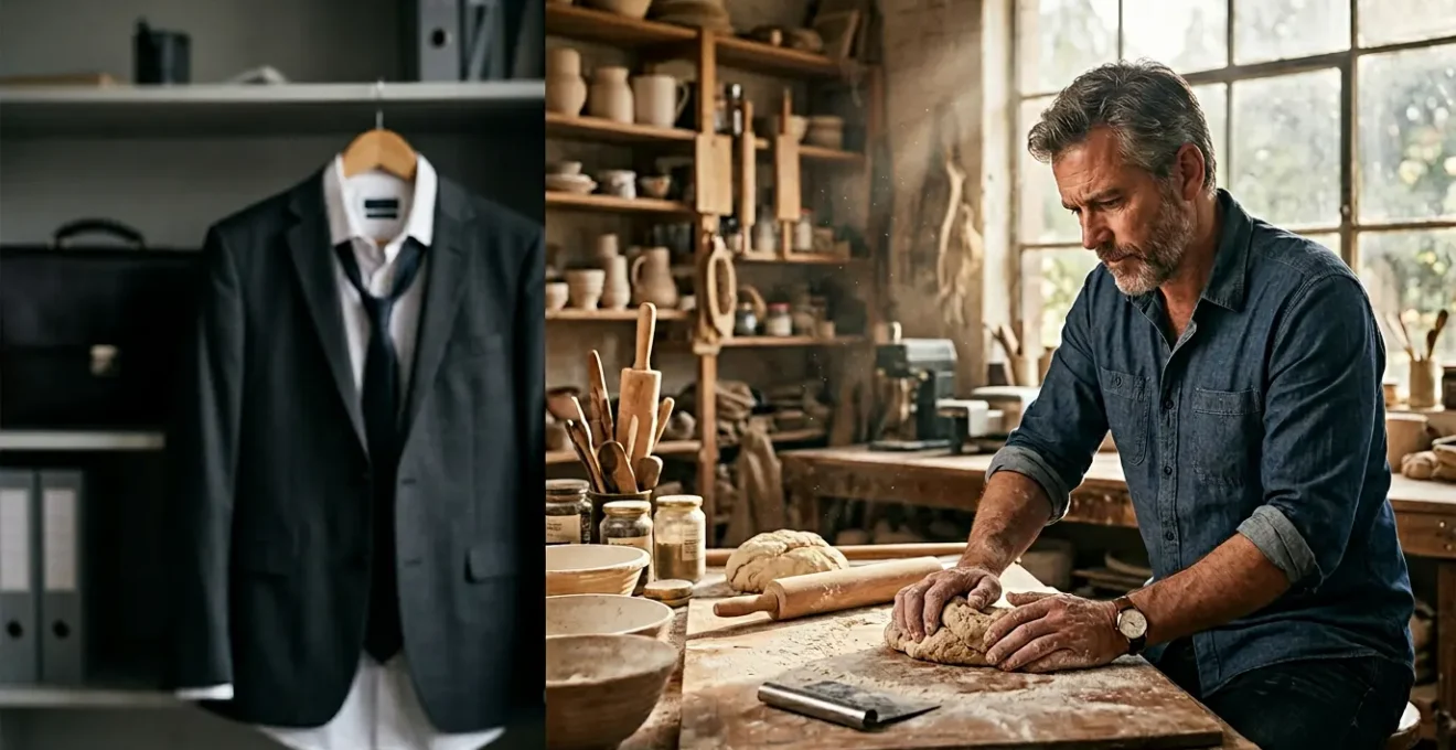 Professionnel en reconversion testant ses aptitudes manuelles dans un atelier d'artisanat