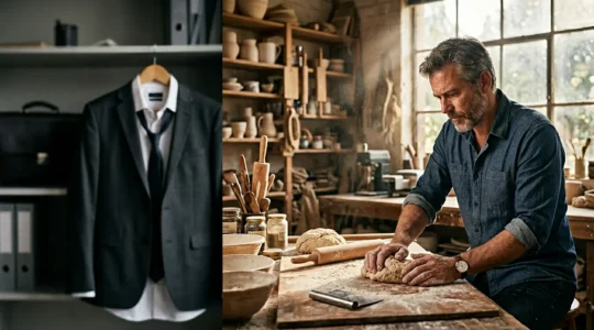 Professionnel en reconversion testant ses aptitudes manuelles dans un atelier d'artisanat
