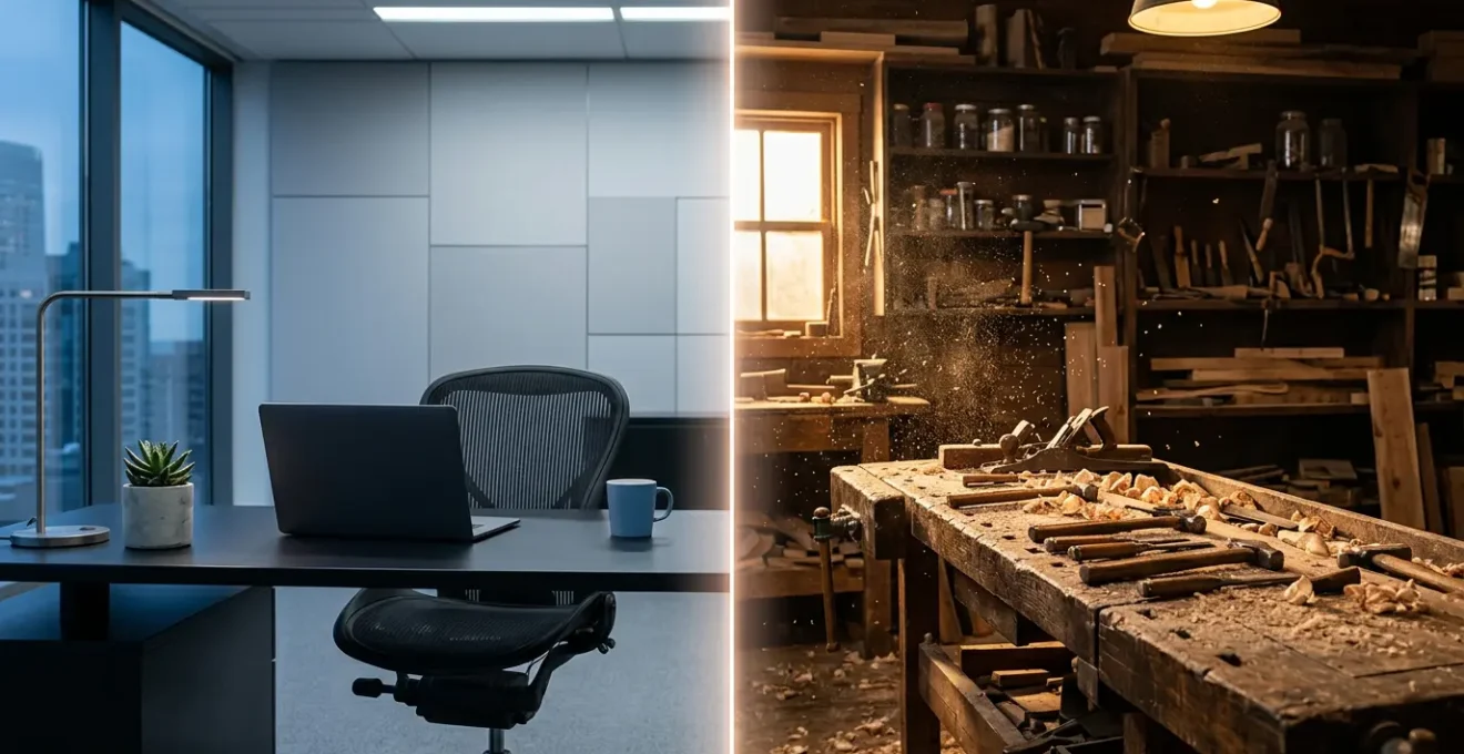 Contraste saisissant entre un bureau moderne et un atelier artisanal, symbolisant la transition professionnelle