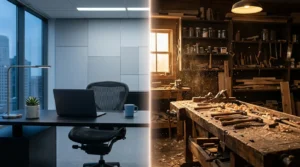 Contraste saisissant entre un bureau moderne et un atelier artisanal, symbolisant la transition professionnelle
