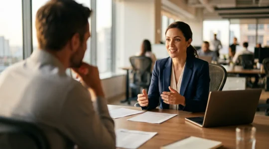 Candidat confiant en négociation dans un bureau moderne avec recruteur