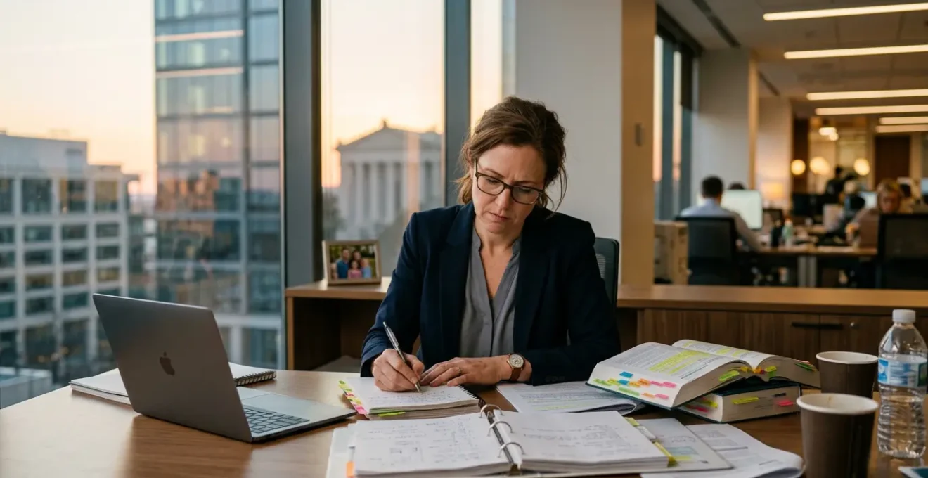 Professionnel du privé révisant pour un concours administratif dans un environnement de travail moderne