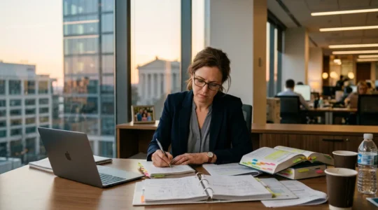 Professionnel du privé révisant pour un concours administratif dans un environnement de travail moderne