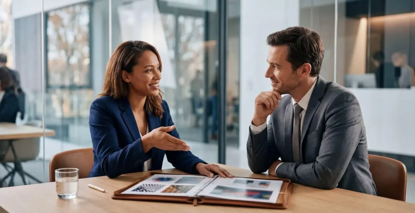 Candidat présentant son portfolio technique à un recruteur dans un environnement professionnel moderne