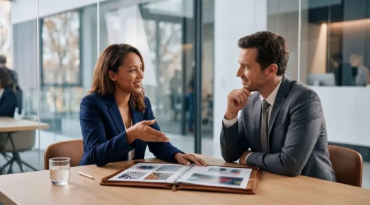 Candidat présentant son portfolio technique à un recruteur dans un environnement professionnel moderne