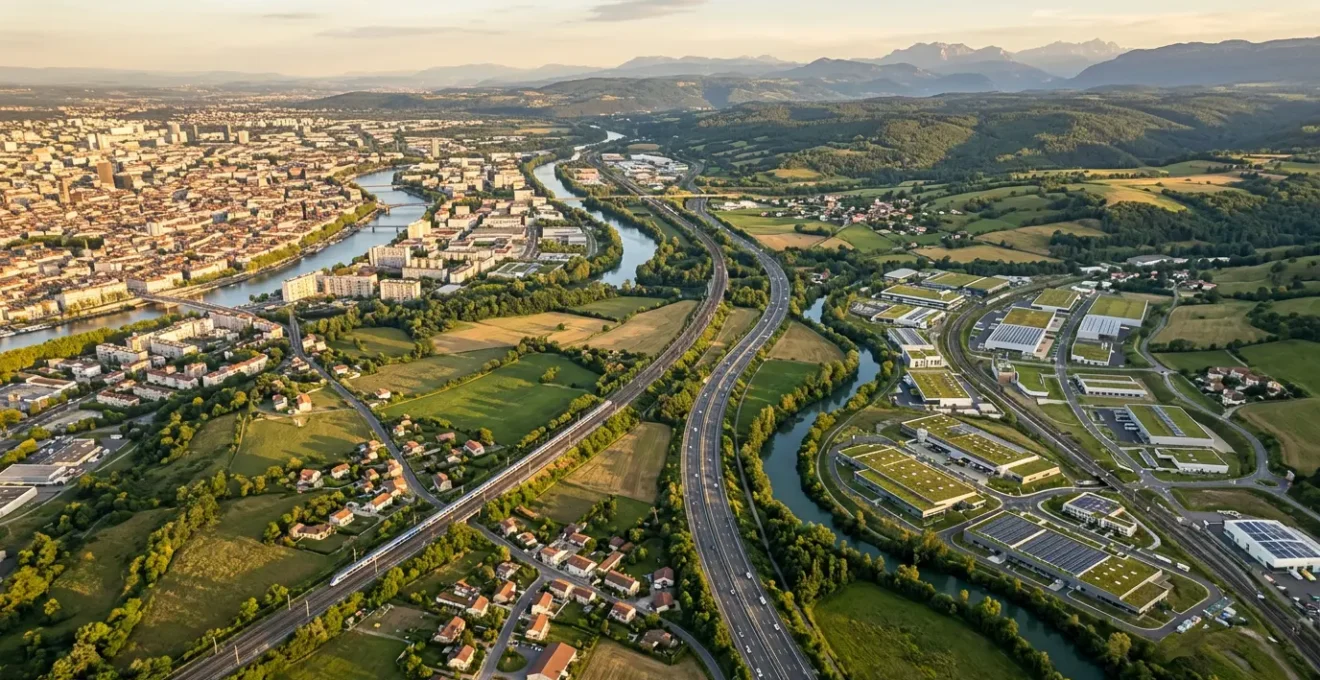 Vue aérienne d'un territoire français montrant la transition entre zones urbaines et bassins industriels avec réseau de connexions