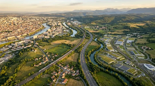 Vue aérienne d'un territoire français montrant la transition entre zones urbaines et bassins industriels avec réseau de connexions