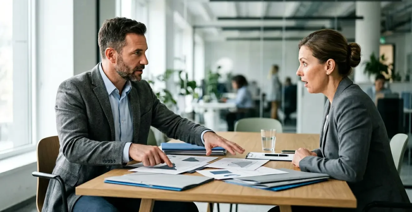 Professionnel prenant le contrôle d'une réunion avec des documents préparés face à un conseiller CEP