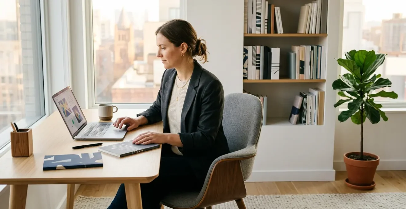 Consultant formateur indépendant travaillant dans son bureau moderne avec ordinateur et documents de formation