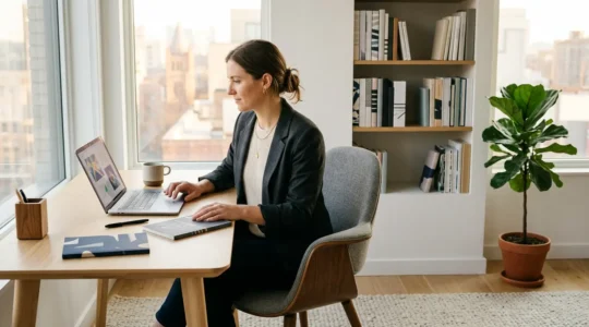 Consultant formateur indépendant travaillant dans son bureau moderne avec ordinateur et documents de formation