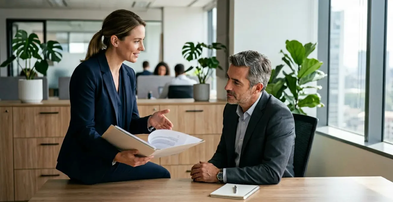 Scène de bureau moderne avec deux professionnels en discussion stratégique autour de documents de formation