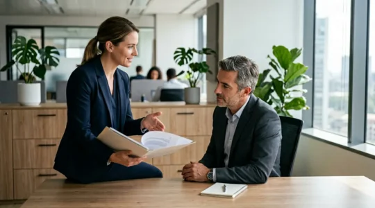 Scène de bureau moderne avec deux professionnels en discussion stratégique autour de documents de formation