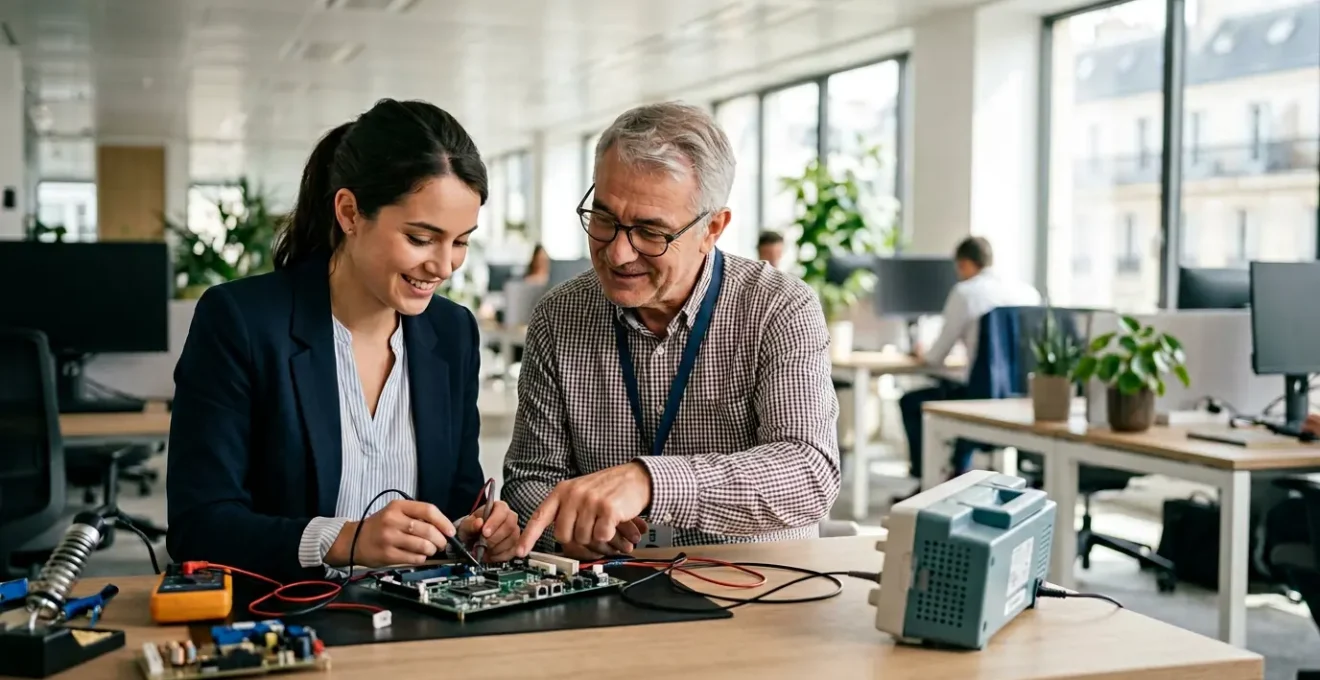 Jeune professionnel en formation pratique dans un environnement d'entreprise moderne et lumineux