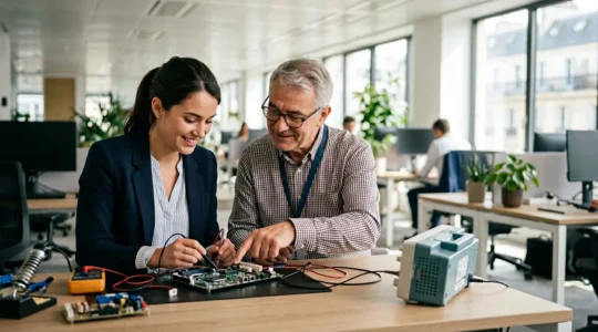 Jeune professionnel en formation pratique dans un environnement d'entreprise moderne et lumineux