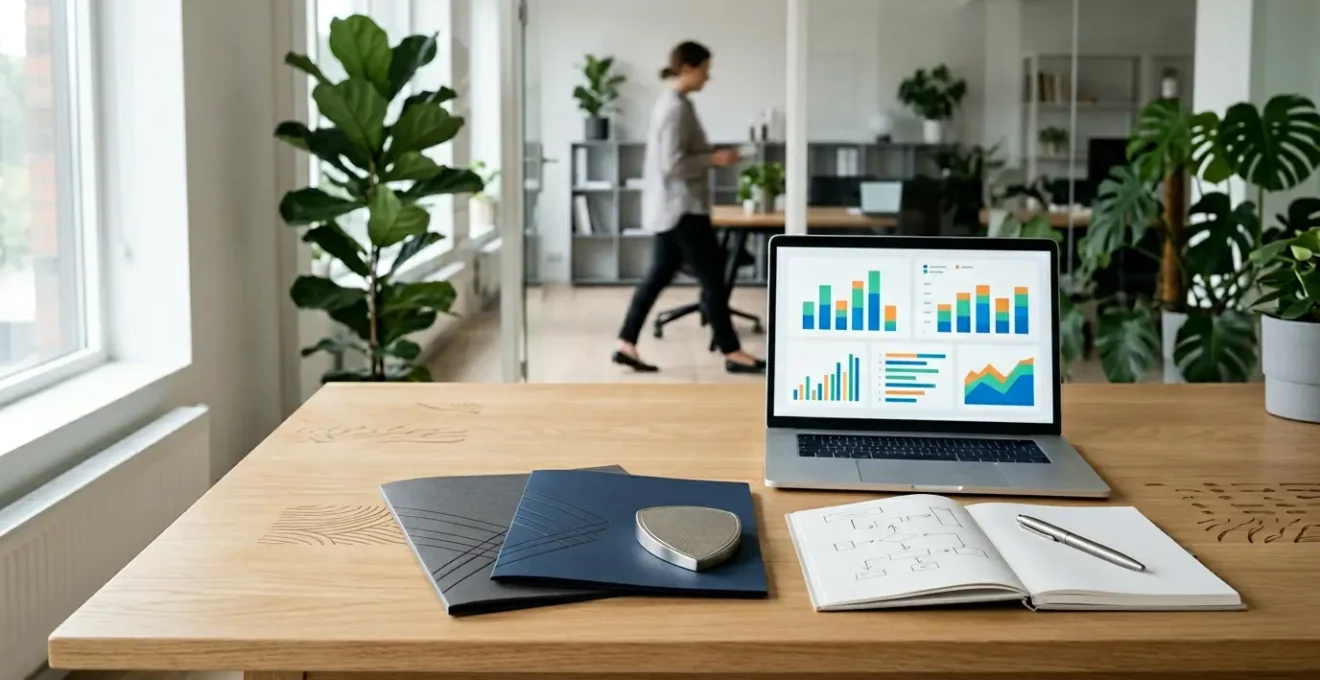 Bureau professionnel moderne avec documents de formation et ordinateur portable montrant un tableau de bord sécurisé