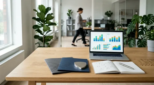 Bureau professionnel moderne avec documents de formation et ordinateur portable montrant un tableau de bord sécurisé