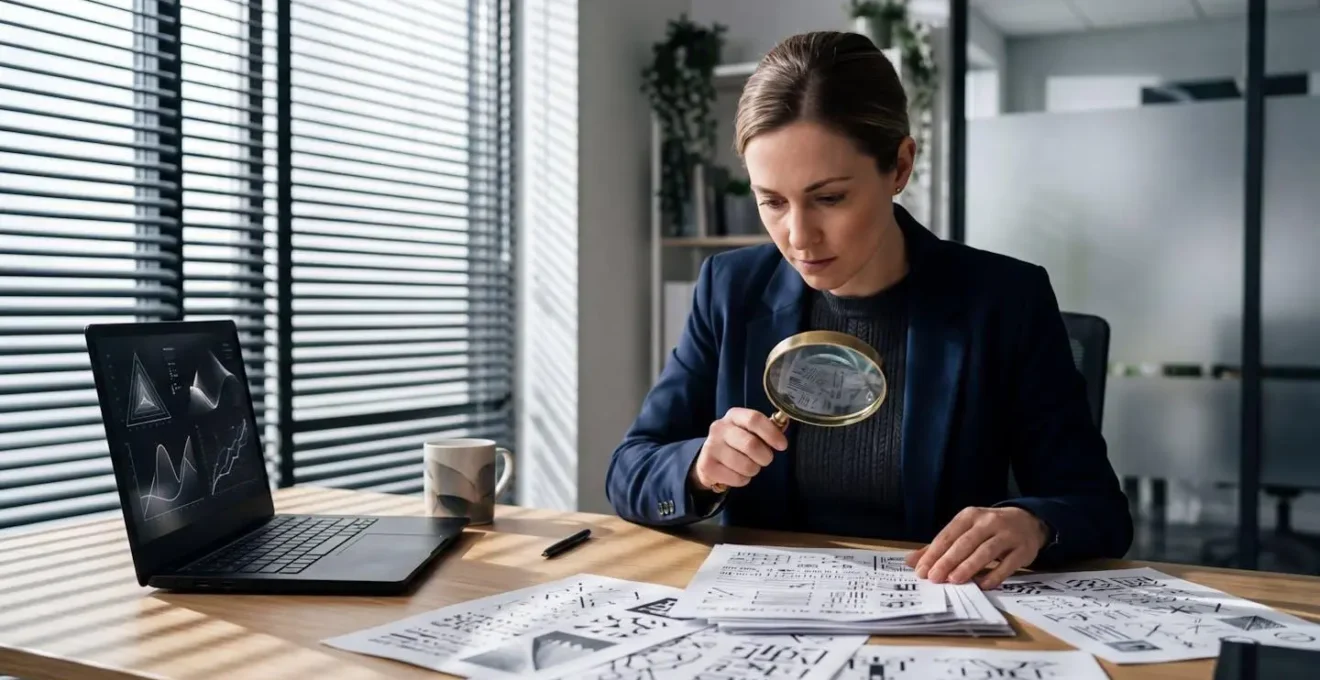 Candidat analysant méticuleusement une offre d'emploi avec une loupe, entouré de documents et d'un ordinateur portable dans un environnement de bureau moderne et lumineux