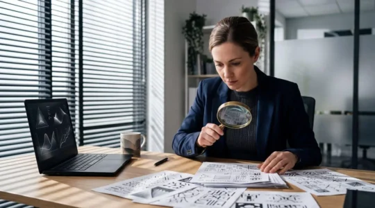 Candidat analysant méticuleusement une offre d'emploi avec une loupe, entouré de documents et d'un ordinateur portable dans un environnement de bureau moderne et lumineux