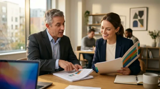 Personne consultant des documents de financement de formation avec un conseiller dans un bureau administratif