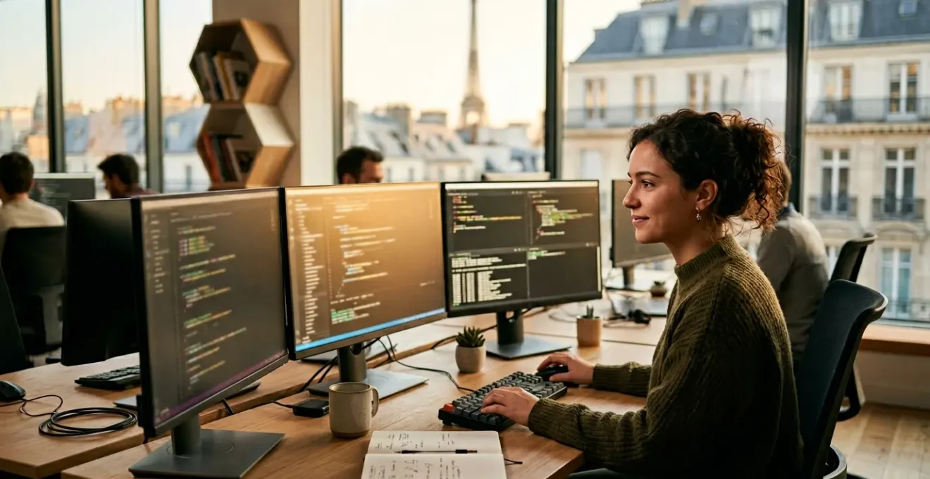 Développeur junior face à plusieurs écrans avec code et offres d'emploi dans un environnement moderne