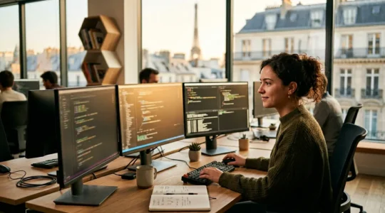 Développeur junior face à plusieurs écrans avec code et offres d'emploi dans un environnement moderne