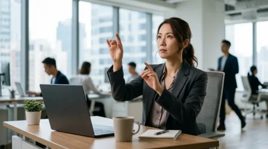 Professionnel travaillant avec des interfaces holographiques d'IA dans un bureau moderne