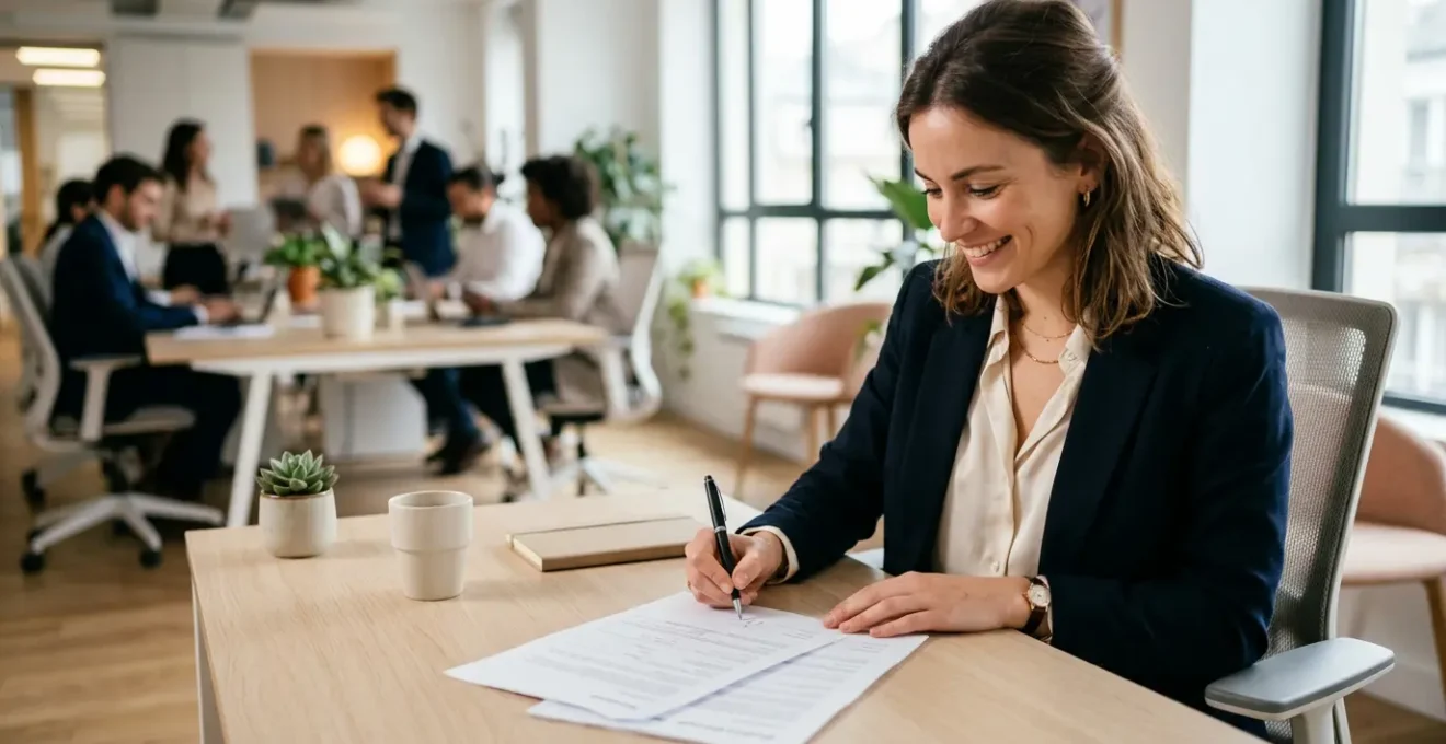 Jeune professionnel signant un contrat CDI dans un bureau d'entreprise moderne