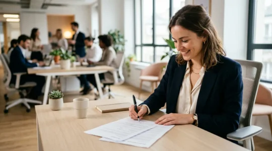 Jeune professionnel signant un contrat CDI dans un bureau d'entreprise moderne