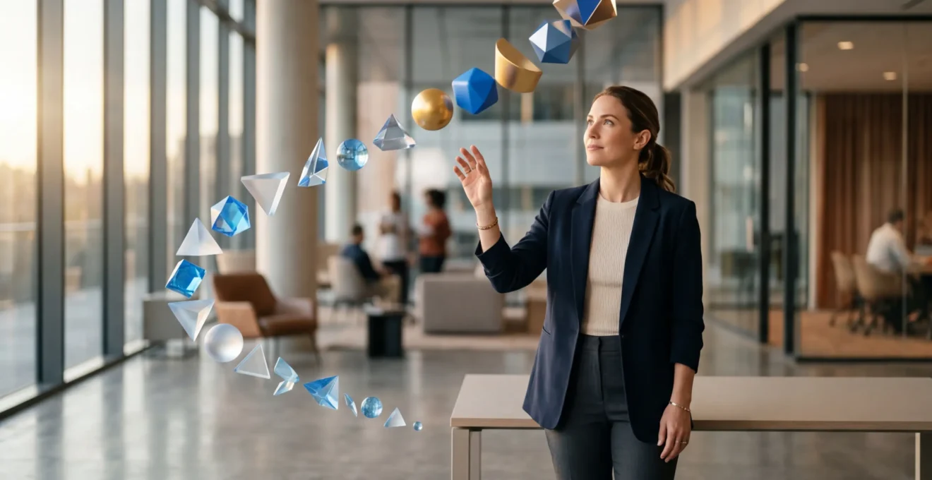 Professionnel en situation de prise de poste avec symbolique de progression et d'intégration en entreprise