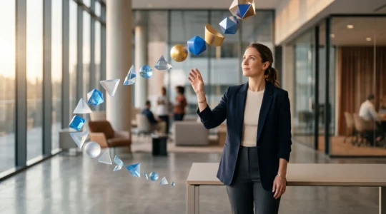 Professionnel en situation de prise de poste avec symbolique de progression et d'intégration en entreprise