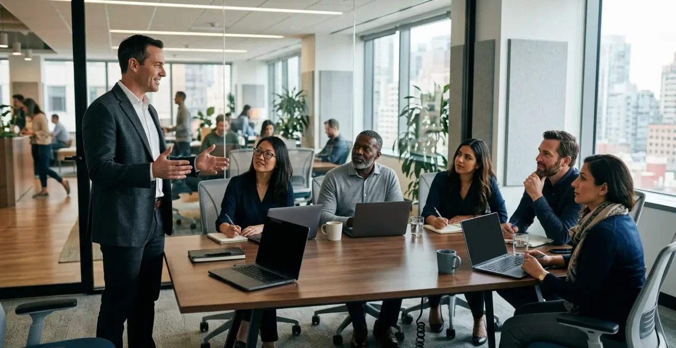 Un manager en réunion avec son équipe dans un environnement de bureau moderne, montrant la transition du rôle technique vers le leadership