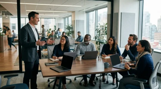Un manager en réunion avec son équipe dans un environnement de bureau moderne, montrant la transition du rôle technique vers le leadership