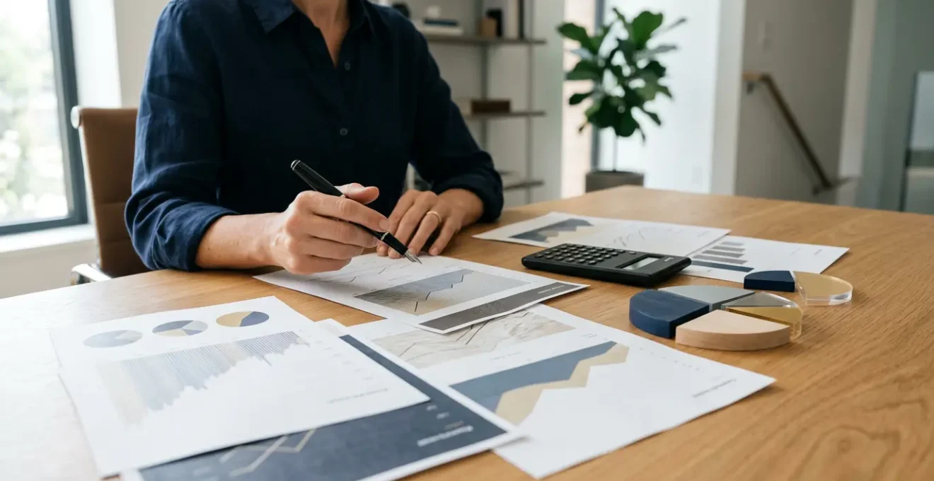 Professionnelle analysant des documents financiers avec calculatrice et graphiques pour optimiser le financement de sa formation