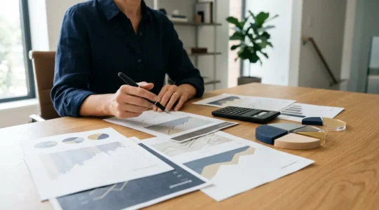 Professionnelle analysant des documents financiers avec calculatrice et graphiques pour optimiser le financement de sa formation