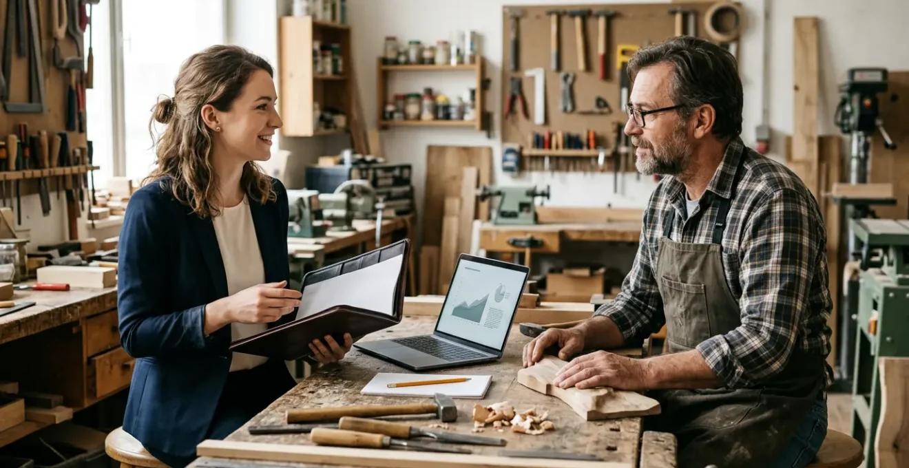Un jeune candidat en discussion avec un artisan dans son atelier, présentant des documents et un ordinateur portable ouvert