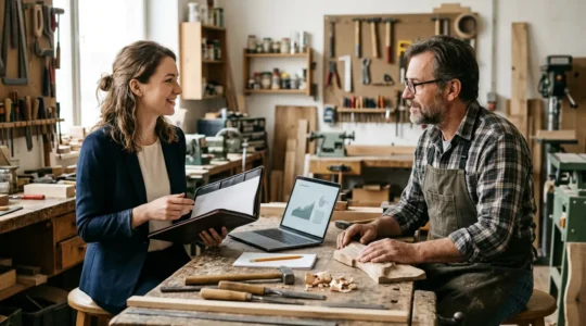 Un jeune candidat en discussion avec un artisan dans son atelier, présentant des documents et un ordinateur portable ouvert