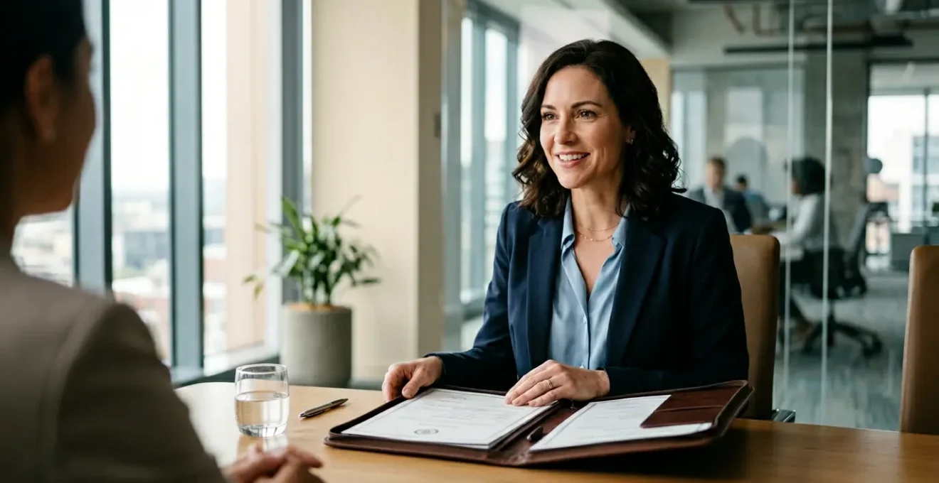 Professionnel confiant présentant un dossier lors d'une négociation salariale avec mise en avant d'une certification récente