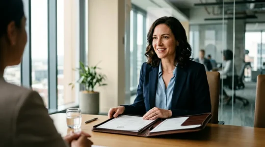 Professionnel confiant présentant un dossier lors d'une négociation salariale avec mise en avant d'une certification récente