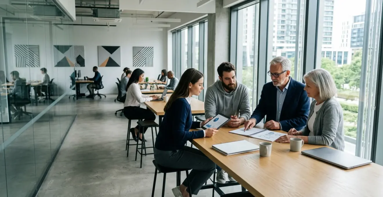 Vue panoramique d'une scène intergénérationnelle montrant entrepreneurs et professionnels travaillant avec des seniors actifs dans un environnement moderne