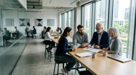 Vue panoramique d'une scène intergénérationnelle montrant entrepreneurs et professionnels travaillant avec des seniors actifs dans un environnement moderne