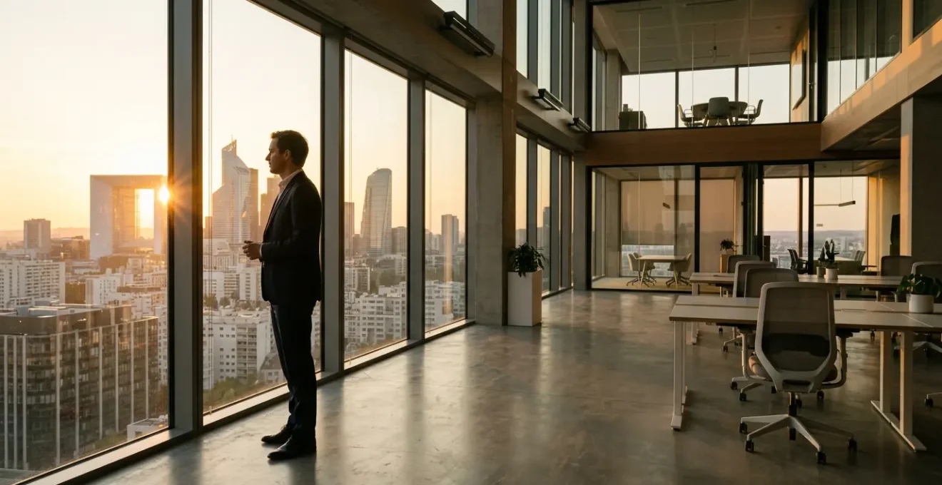 Professionnel en costume dans un open space moderne d'une grande entreprise française