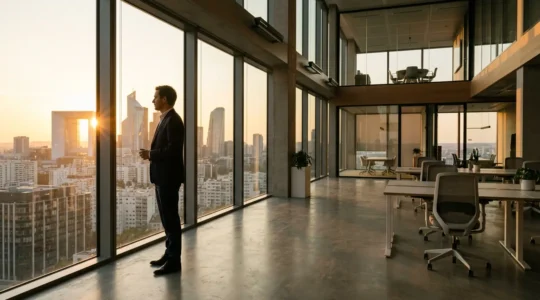 Professionnel en costume dans un open space moderne d'une grande entreprise française