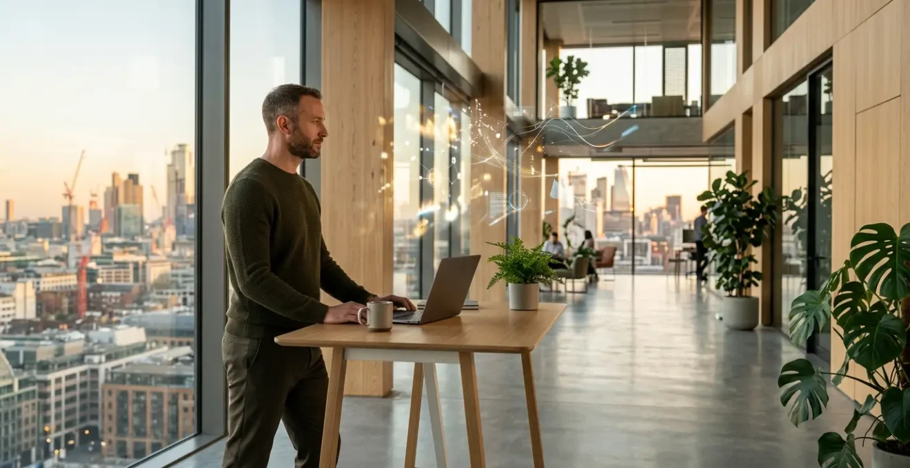 Professionnel expert analysant des données stratégiques avec multiple écrans holographiques virtuels dans un environnement de travail moderne