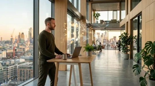 Professionnel expert analysant des données stratégiques avec multiple écrans holographiques virtuels dans un environnement de travail moderne