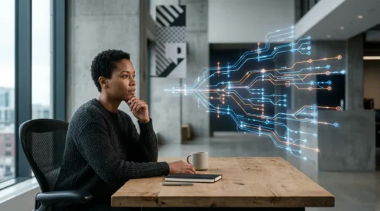 Professionnel en reconversion analysant des formations en cybersécurité dans un environnement moderne