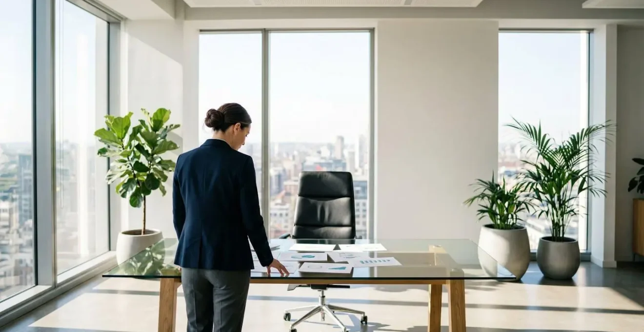 Bureau moderne avec vue panoramique montrant un professionnel en discussion stratégique lors d'un entretien de mobilité interne