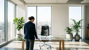 Bureau moderne avec vue panoramique montrant un professionnel en discussion stratégique lors d'un entretien de mobilité interne