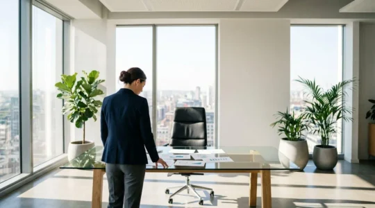 Bureau moderne avec vue panoramique montrant un professionnel en discussion stratégique lors d'un entretien de mobilité interne